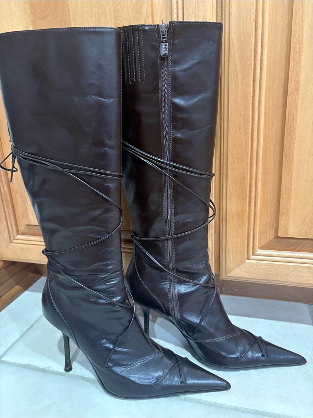 Fiorangelo Women’s Knee-High Pointed Toe Stiletto Italian leather Boots Brown 39